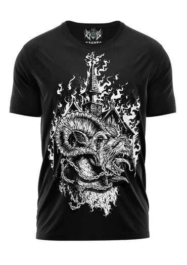 Schwarzes gothic bitte t-shirt mit weißem horror-motiv eines dämonischen ziegenkopfes und brennender kirche