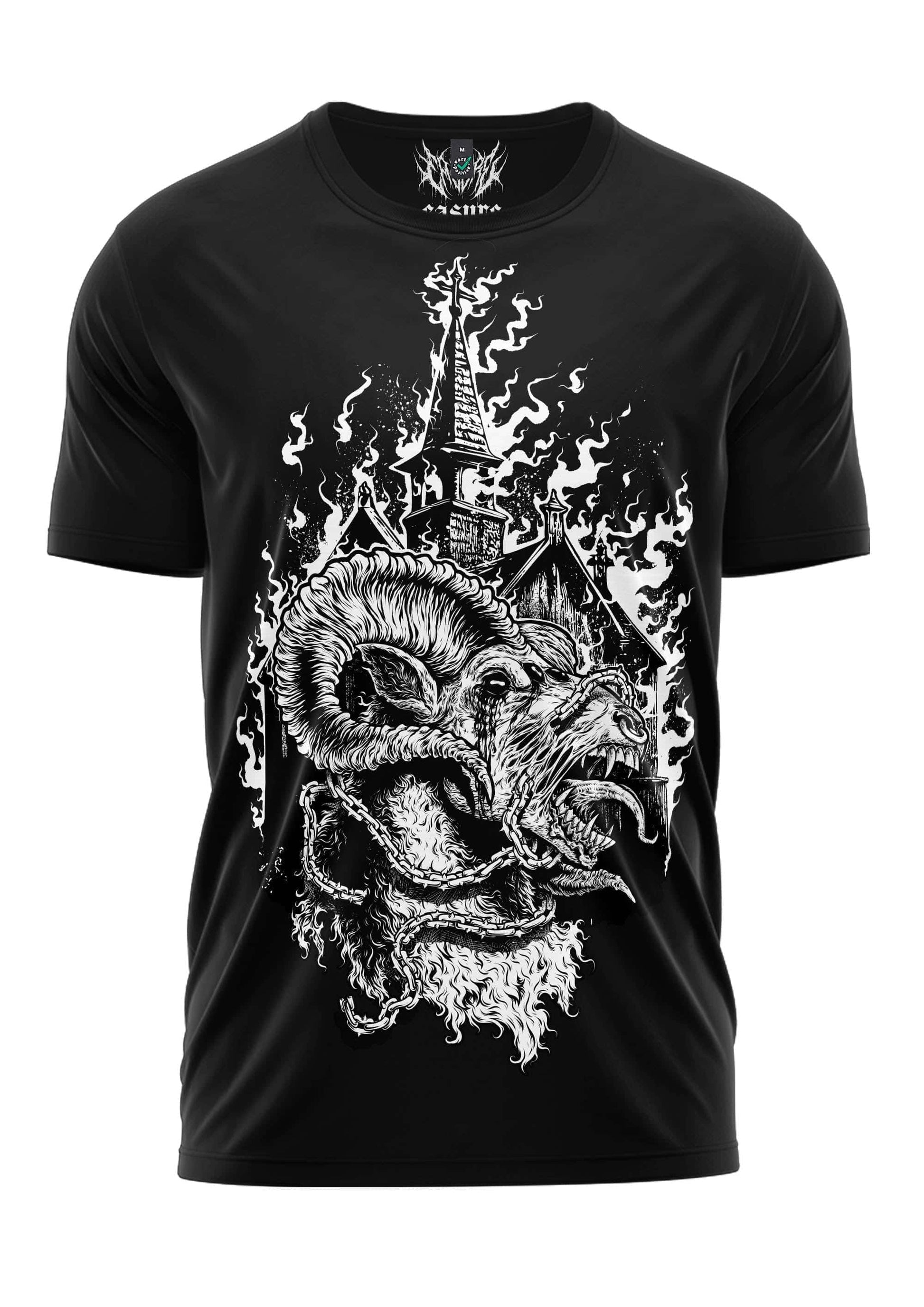 Black gothic shirt unleashed goat featuring a white horror graphic of a demonic ram with flames and a burning church