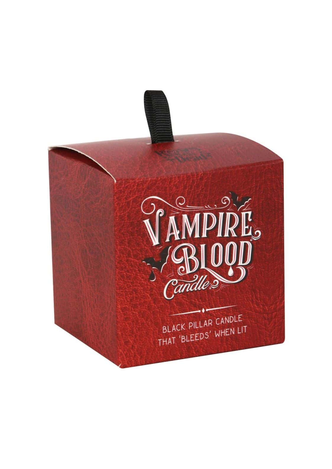 Roter strukturierter vampire blood candle blutkerze mit weißer verzierter schrift und schwarzem schleifenband