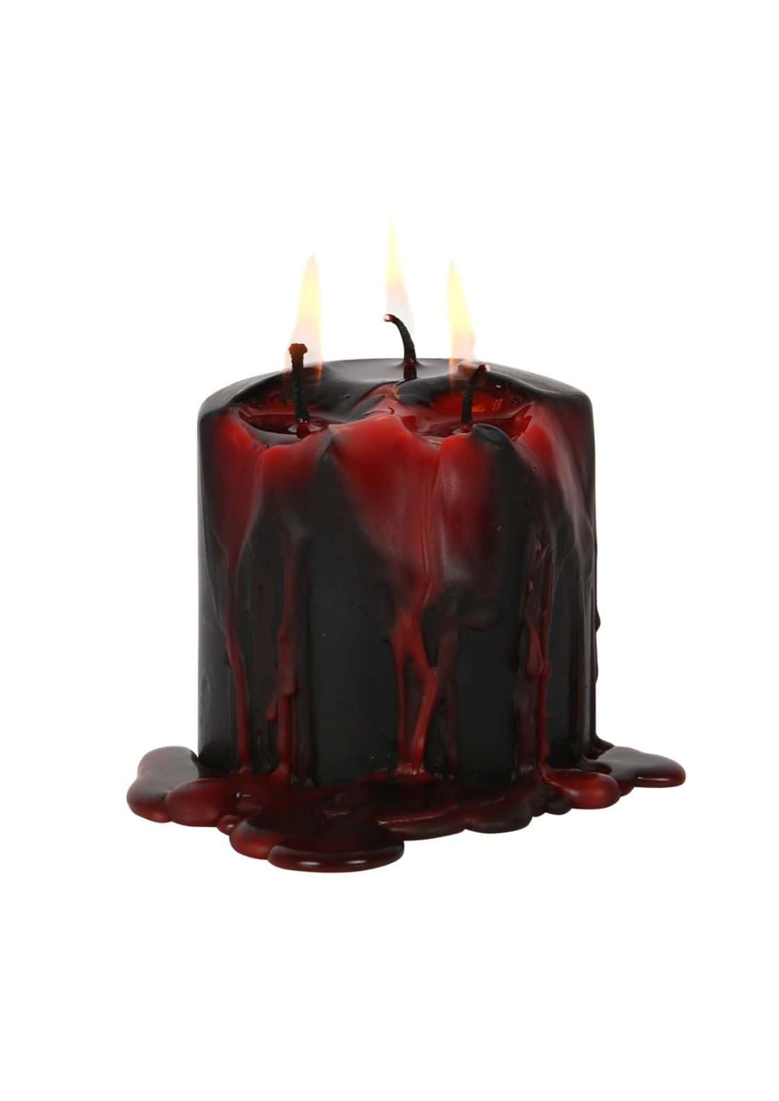Vampire blood candle kerze schwarz mit drei brennenden dochten und blutrot tropfendem wachs-design