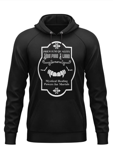 Schwarzer hoodie mit weißem gothic horror vampirzahn-design und premium quality vampire blood label auf der front