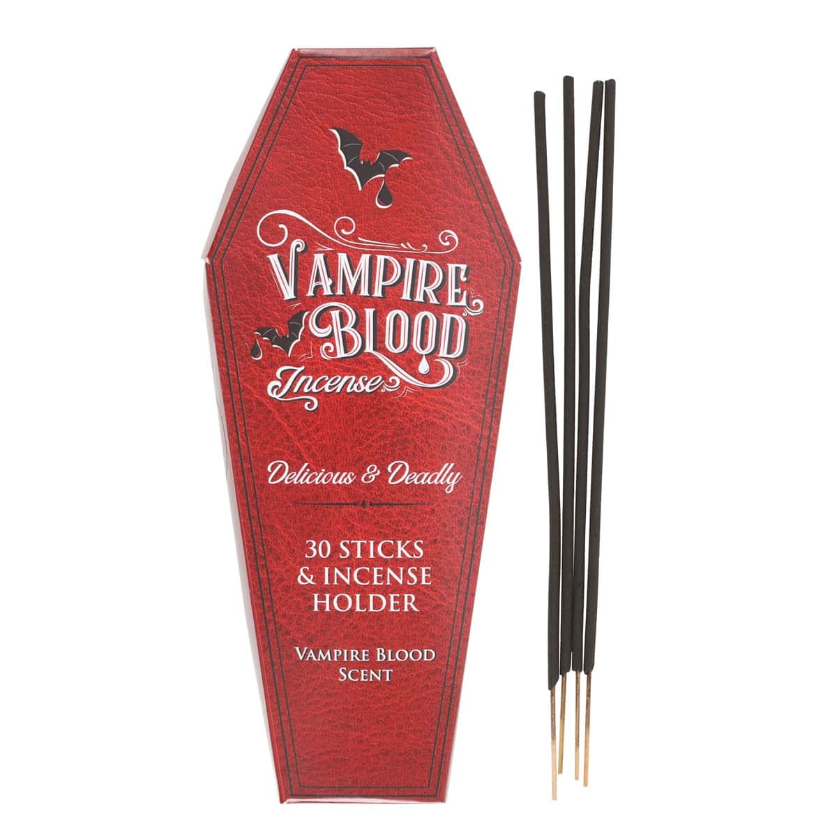 Rote vampire blood räucherstäbchen mit schwarzen stäbchen und goldspitzen im sargförmigen halter
