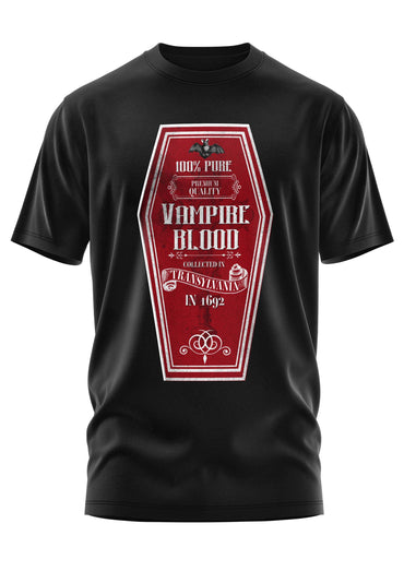 Schwarzes gothic kurzarmshirt mit rotem sarg-förmigem etikett bitte horror vampirblut aus transsilvanien 1692