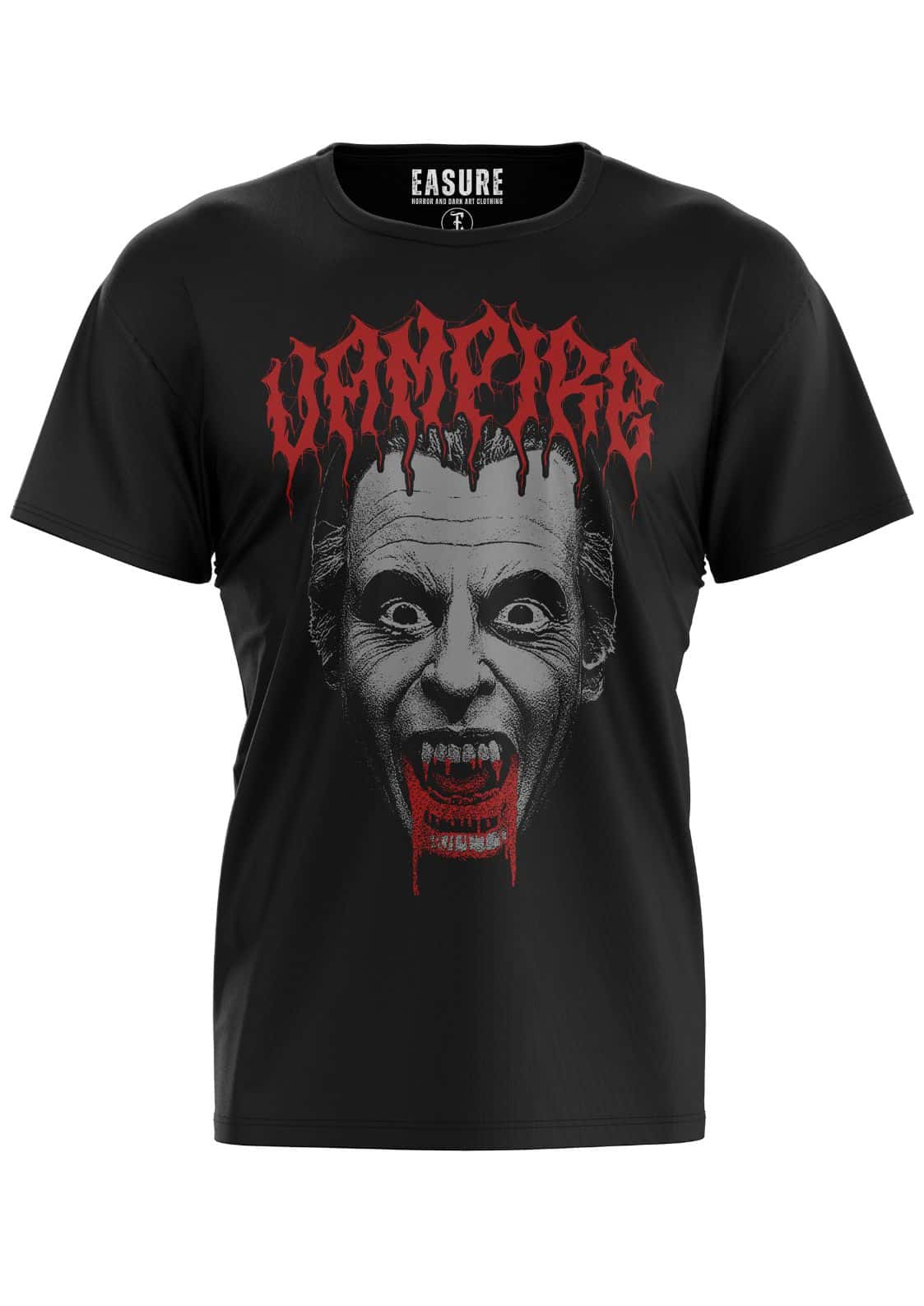 Schwarzes gothic horror baumwollshirt vampire grey mit vampirgesicht und rotem, tropfendem bitte-text