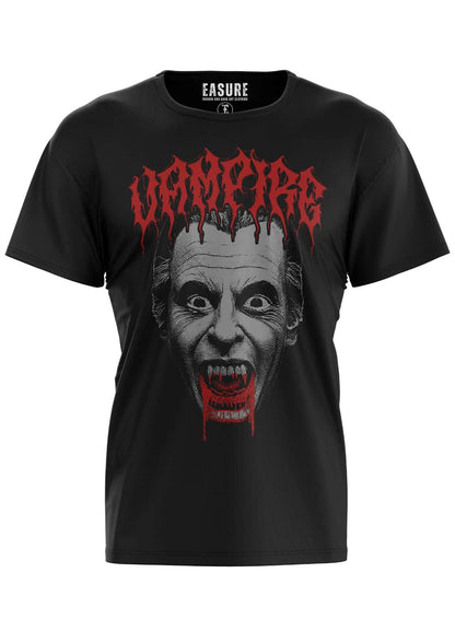 Schwarzes gothic horror baumwollshirt vampire grey mit vampirgesicht und rotem, tropfendem bitte-text