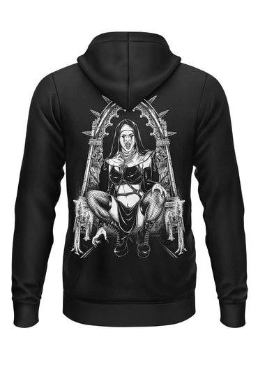 Schwarzer gothic hoodie mit zipper und detailliertem horror backprint einer dämonischen nonne auf throne