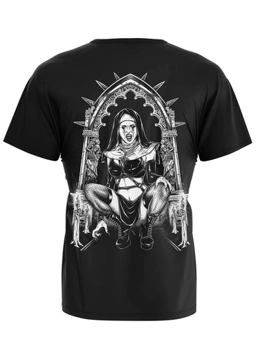 Schwarzes kurzarmshirt mit gothic horror grafik einer nonne in spitzbogigem rahmen auf der rückseite vampire nun backprint
