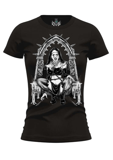 Black women’s t-shirt with gothic girlie shirt design featuring vampire nun gothic horror graphic in black and white