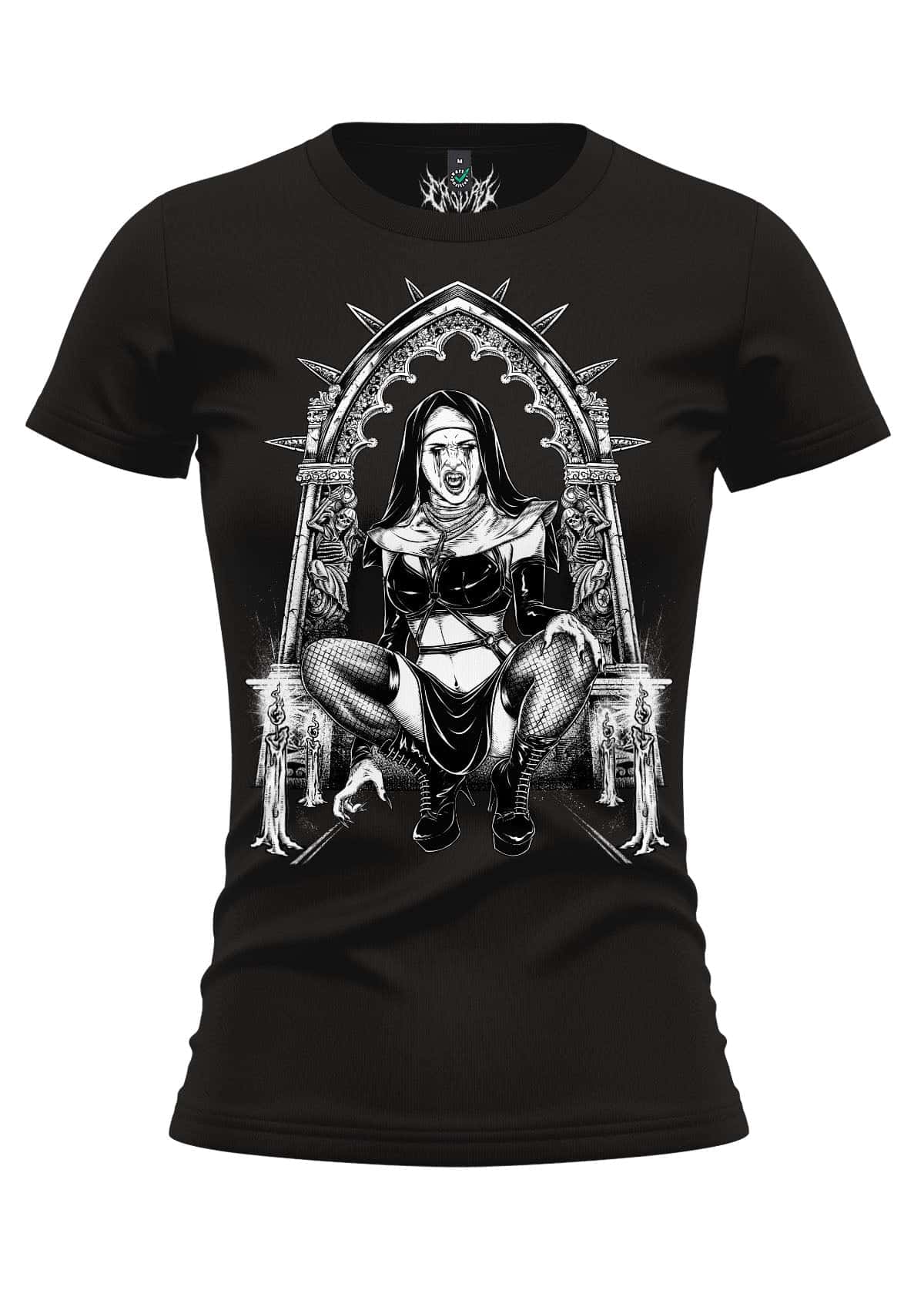 Black women’s t-shirt with gothic girlie shirt design featuring vampire nun gothic horror graphic in black and white