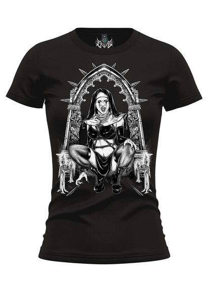 Black women’s t-shirt with gothic girlie shirt design featuring vampire nun gothic horror graphic in black and white