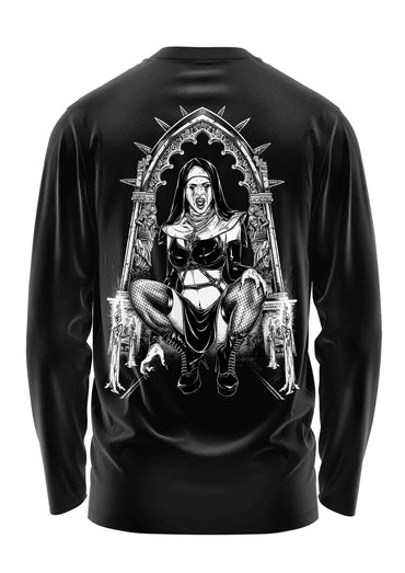Schwarzes vampire nun longsleeve aus strapazierfähigem stoff aus biologischer baumwolle mit gothischem nonnenmotiv