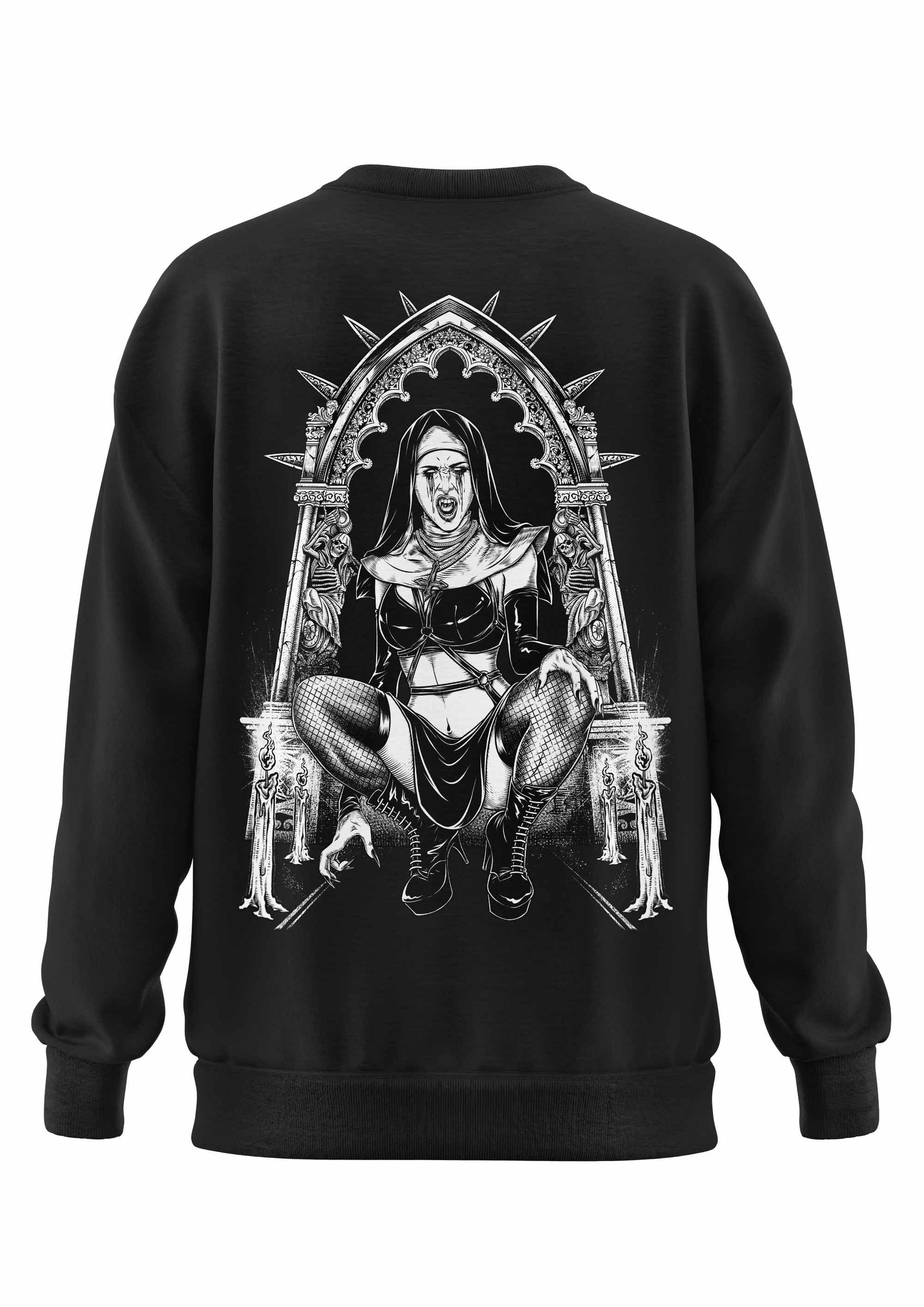 Schwarzes Schwerers Unisex Sweatshirt mit gotischer Nonne auf Thron