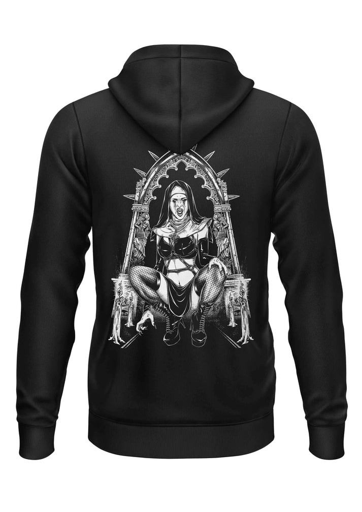 Black zip-up hoodie featuring a gothic vampire nun graphic seated on an ornate throne for horror fans