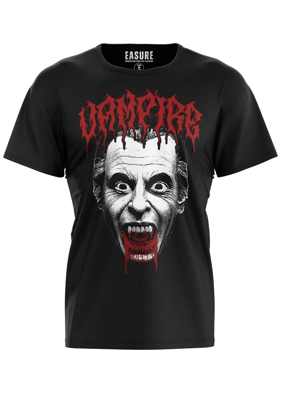 Schwarzes vampire white shirt mit gothic vampir grafik und roter horror schrift auf der bitte t-shirt