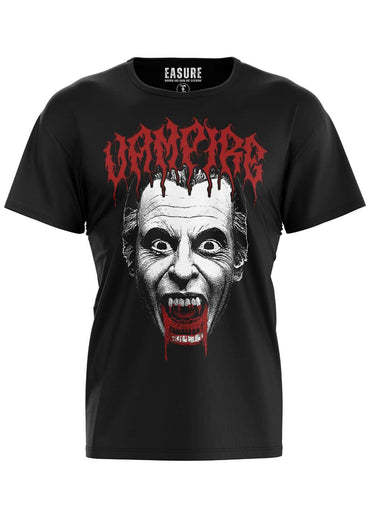 Schwarzes vampire white shirt mit gothic vampir grafik und roter horror schrift auf der bitte t-shirt