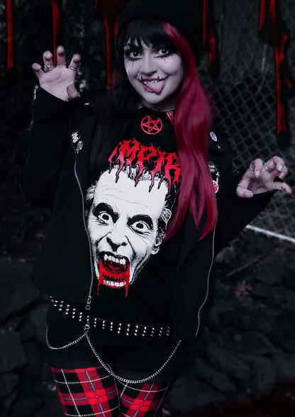 Schwarzer zip-up hoodie mit vampirgrafik rote tropfende schrift und pentagramm emblem für gothic horror fans