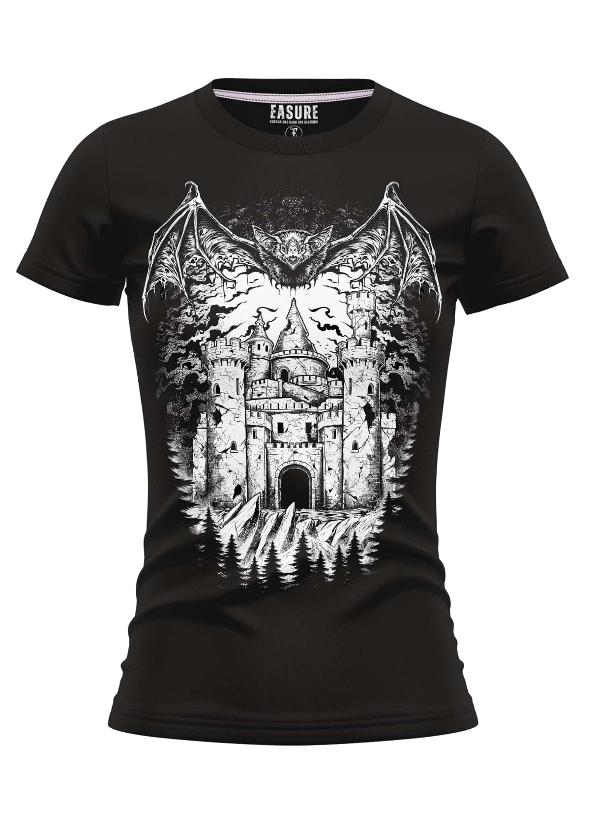 Schwarzes kurzarmshirt vampires castle mit detailliertem schwarz-weiß grafikdesign aus strapazierfähigem stoff