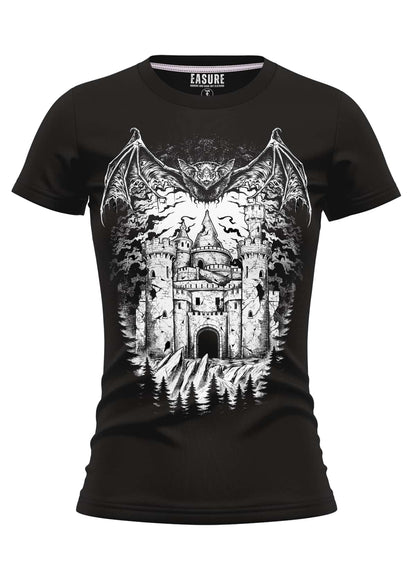 Schwarzes kurzarmshirt vampires castle mit detailliertem schwarz-weiß grafikdesign aus strapazierfähigem stoff