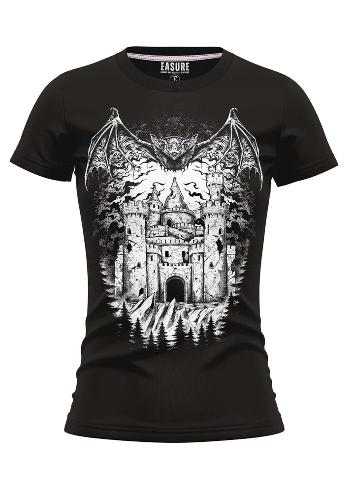 Schwarzes kurzarmshirt vampires castle mit detailliertem schwarz-weiß grafikdesign aus strapazierfähigem stoff