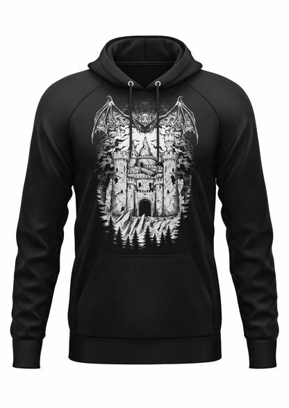 Schwarzer Gothic-Hoodie VAMPIRES CASTLE mit Burgen-Motiv und Drachenflügeln