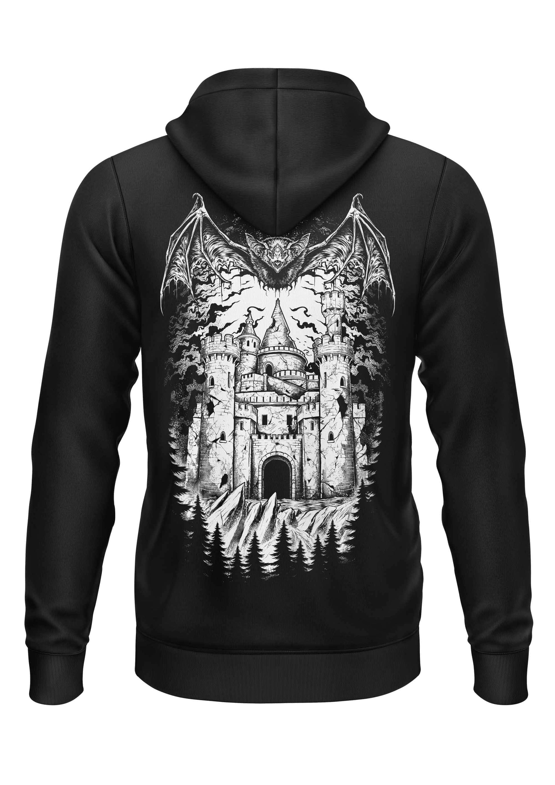 Schwarzer zip-up hoodie mit gothic horror grafik eines schlosses umgeben von fledermäusen und kiefern