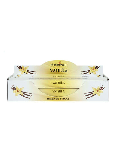 Weiß-goldene verpackung für elements vanilla räucherstäbchen mit vanilleblüten und bohnen für gothic horror fans