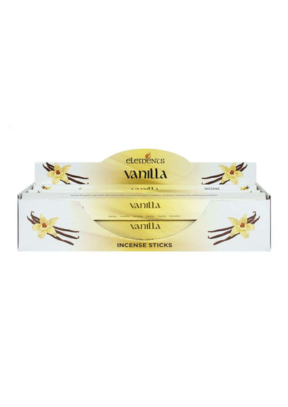 Weiß-goldene verpackung für elements vanilla räucherstäbchen mit vanilleblüten und bohnen für gothic horror fans