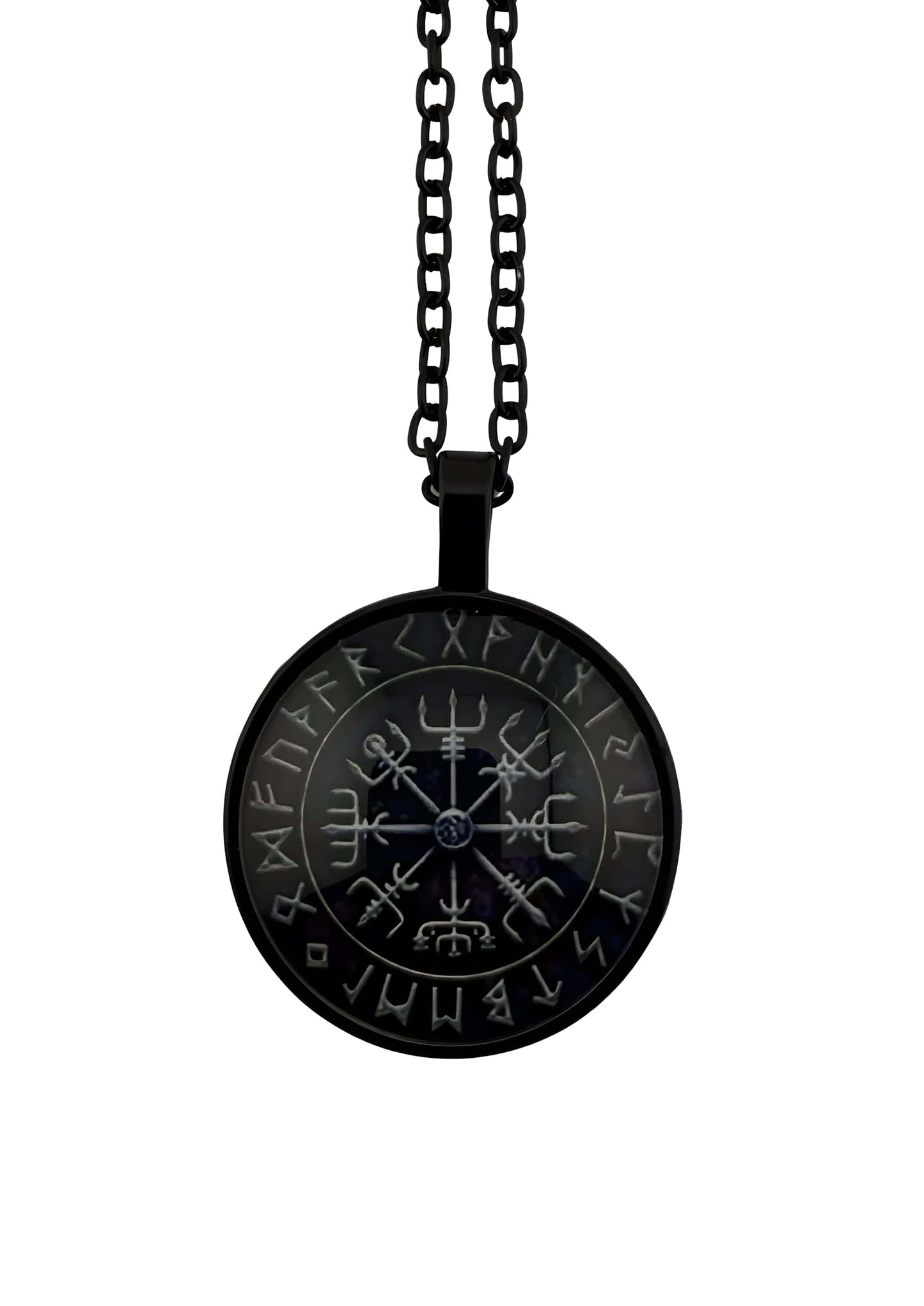 Schwarze vegvisir epoxi black runde anhängerkette mit runen und symbolen auf kette