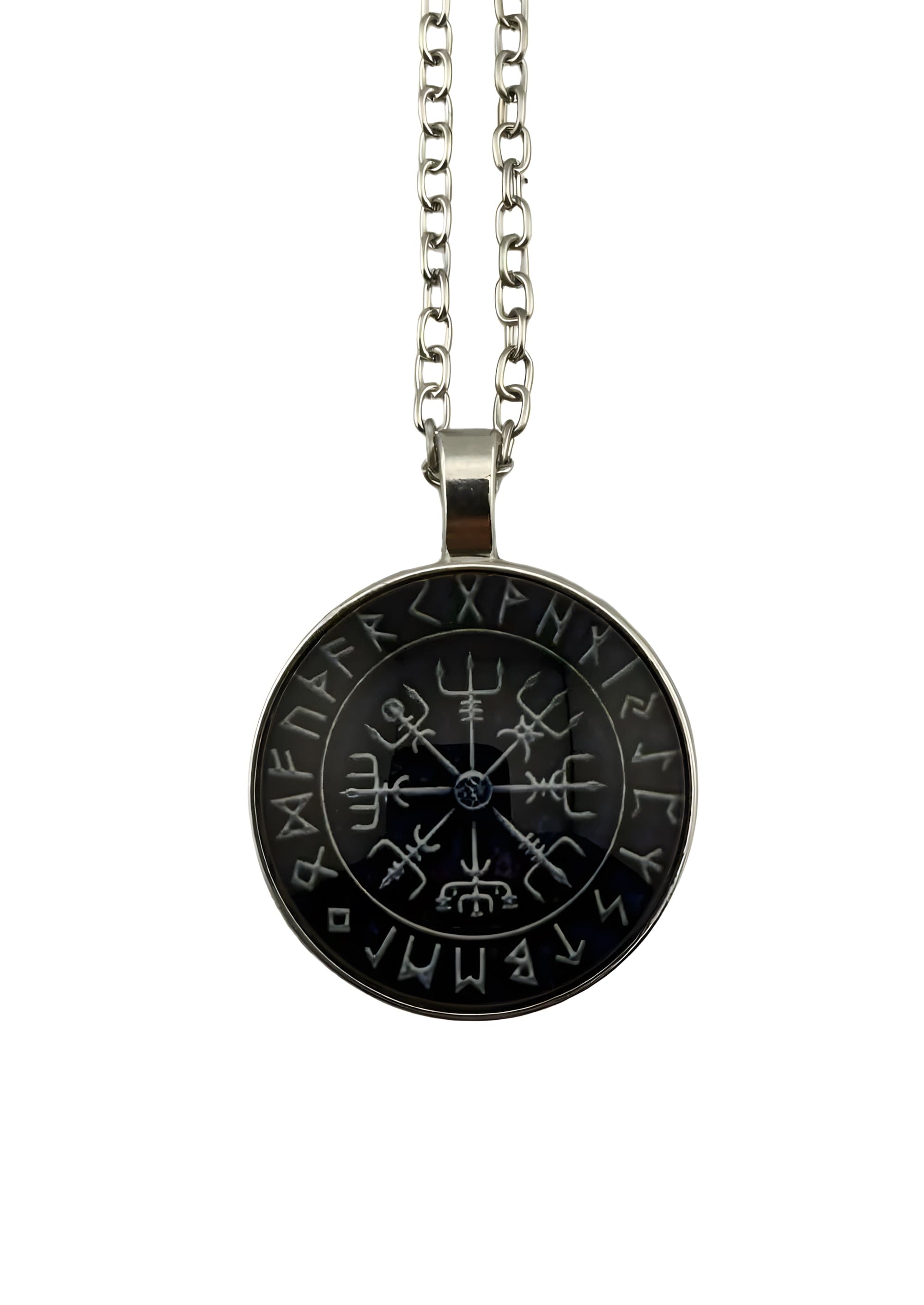 Schwarze Vegvisir-Anhänger-Halskette mit Silberkette.