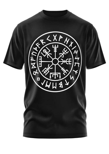 Schwarzes kurzarmshirt mit weißem vegvisir wikinger runen design gothic horror stil