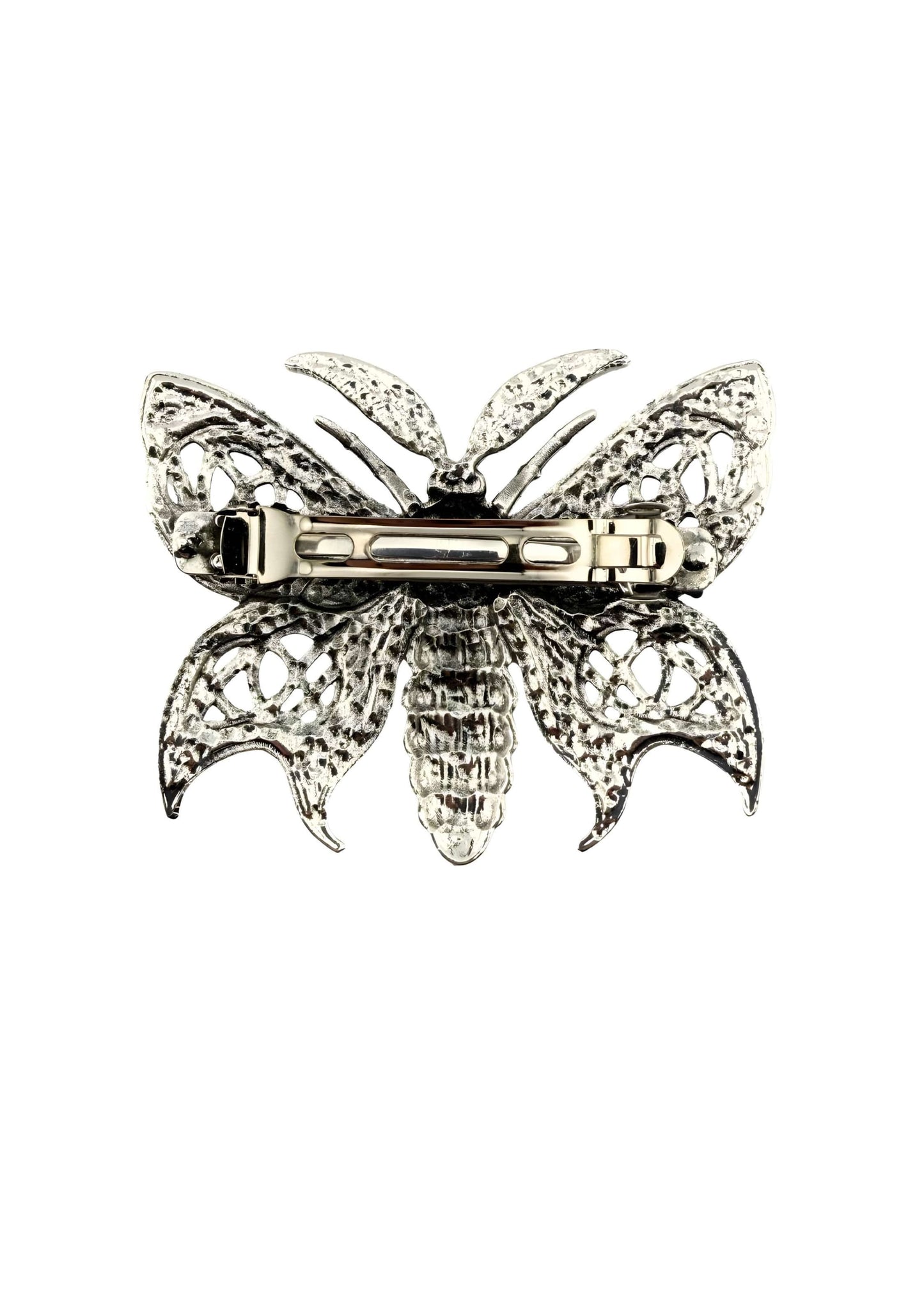 Silberne gotische Filigran-Schmetterlings-Haarspange mit Spitzenflügeln und strukturiertem Körper