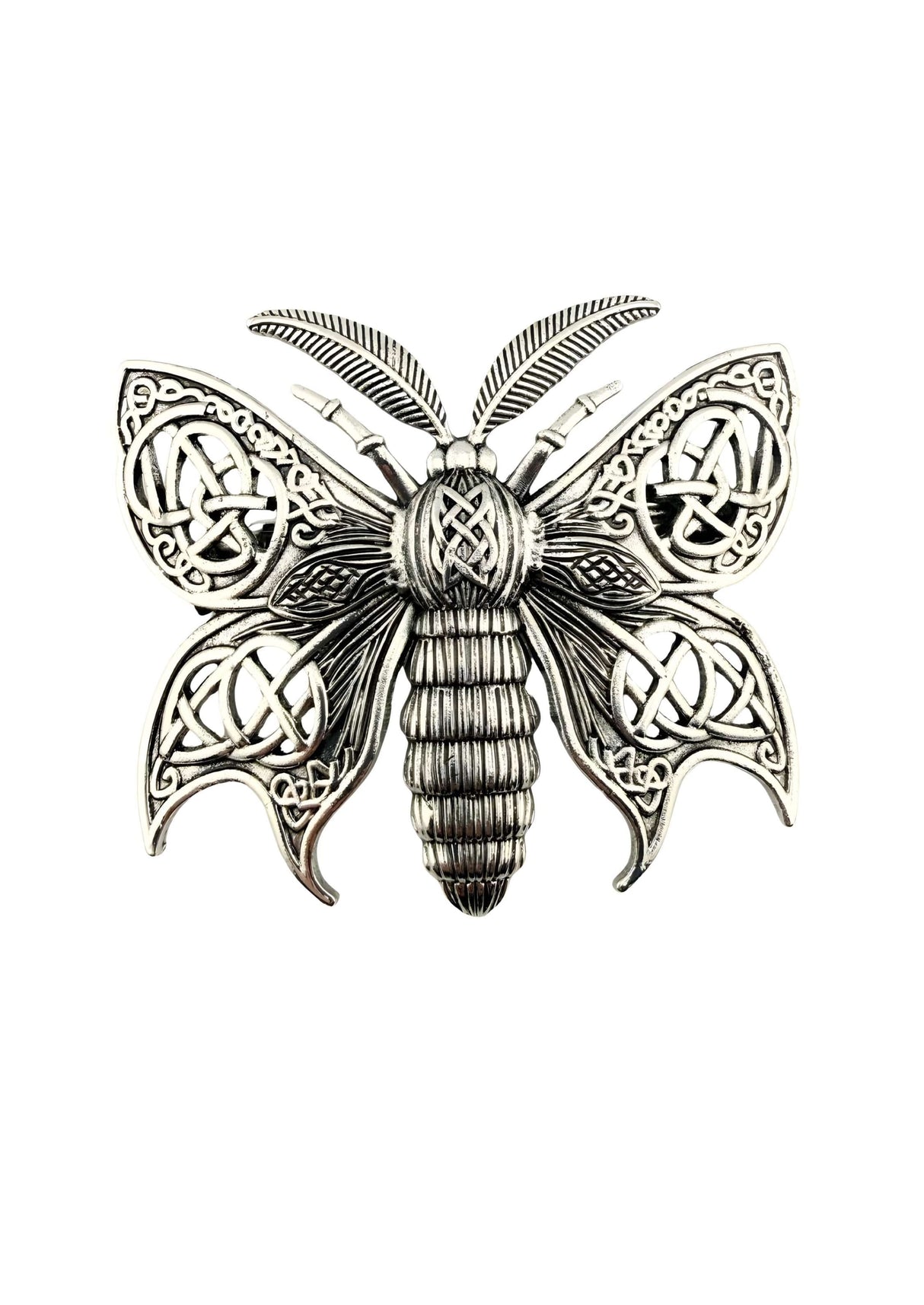 Silberne gotische Mottenbrosche mit keltischem Knotenwerk und Metall-Details