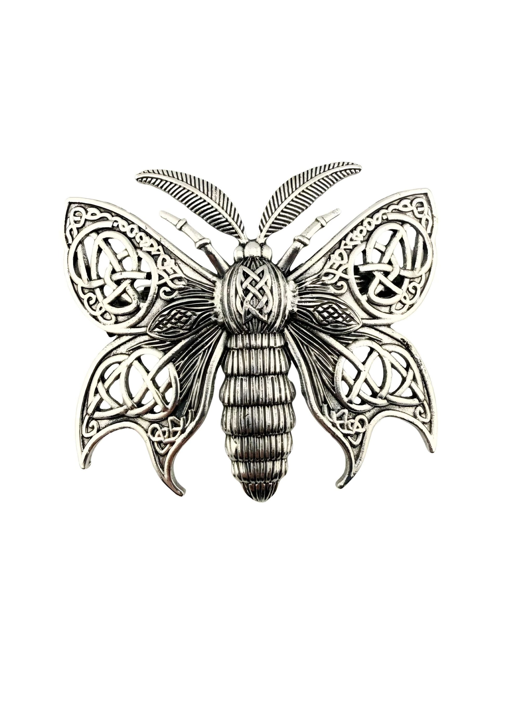 Silberne gotische Mottenbrosche mit keltischem Knotenwerk und Metall-Details