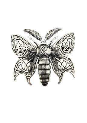 Silberne gotische Mottenbrosche mit keltischem Knotenwerk und Metall-Details