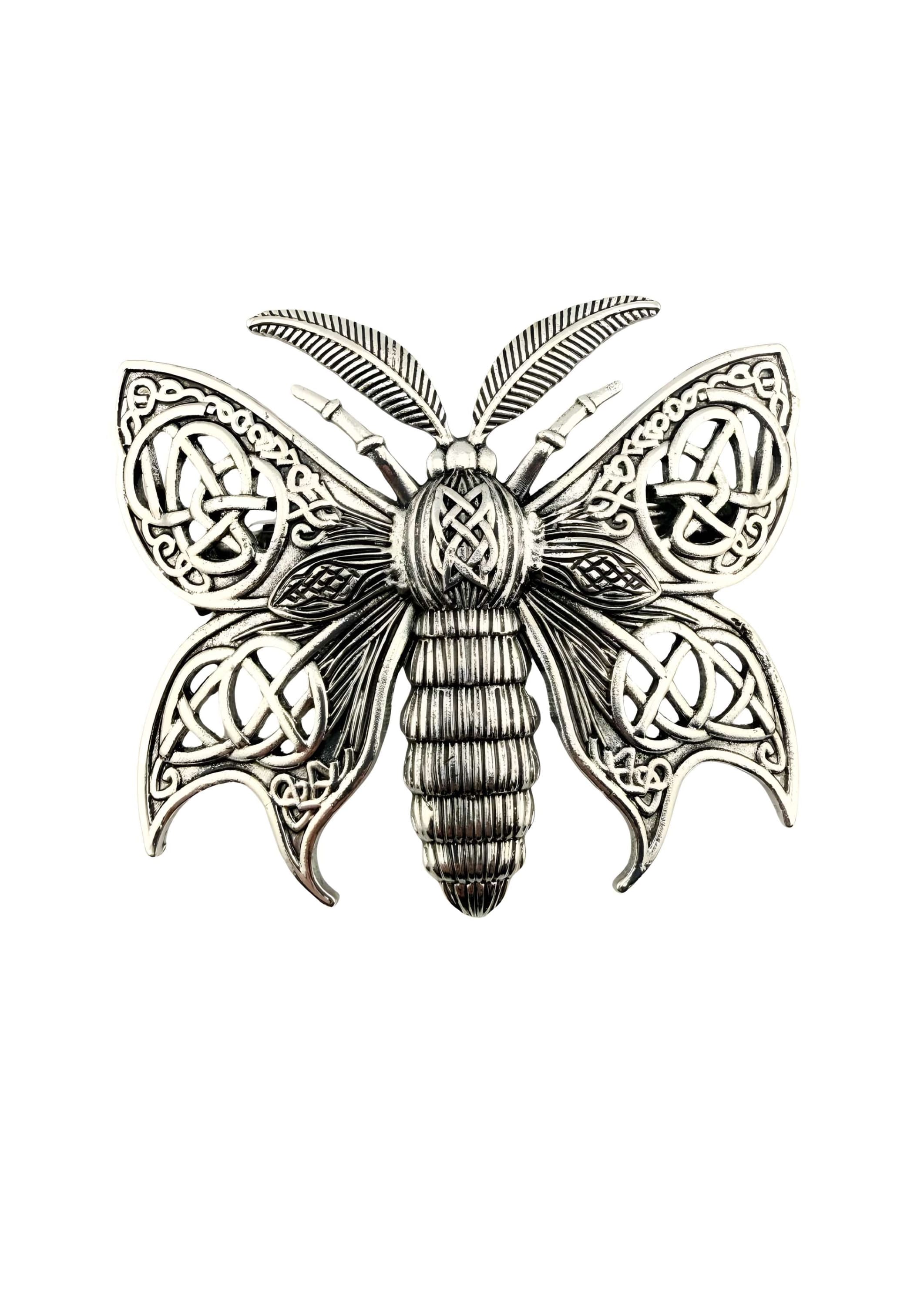 Silberne gotische Mottenbrosche mit keltischem Knotenwerk und Metall-Details