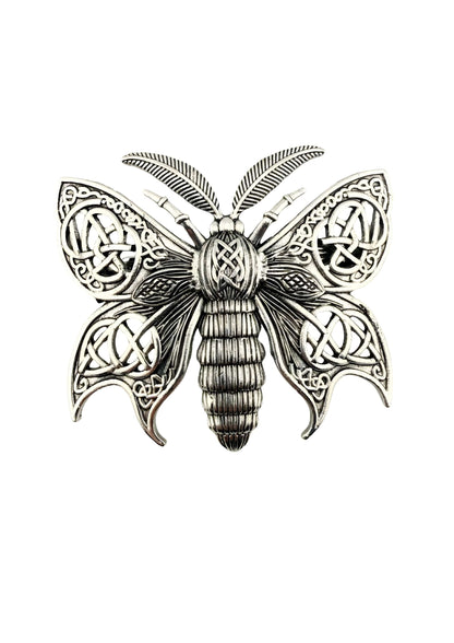 Silberne gotische Mottenbrosche mit keltischem Knotenwerk und Metall-Details