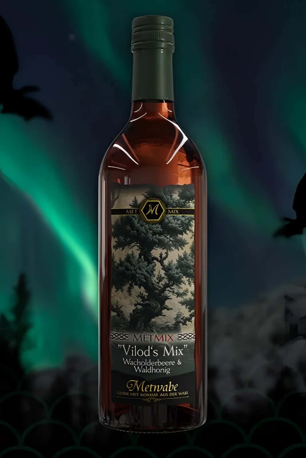 A bottle of vilod´s gothic horror metmix wine with dark green cap amber liquid and intricate tree label
