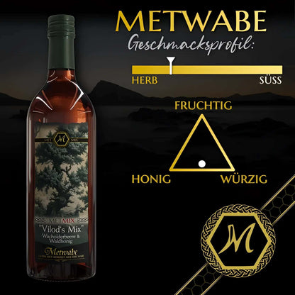 Eine flasche vilods gothic mead mit dunklem grünem deckel und bernsteinfarbener flüssigkeit mit kiefernnadelillustration