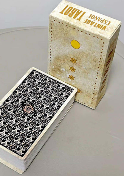 Vintage tarot spanische edition 78 tarot karten in cremefarbenem schachtel mit goldschrift und schwarz-weißen karten