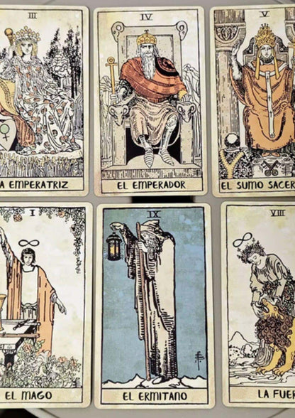 Sechs vintage tarot karten mit spanischen namen und detaillierten figuren aus der vintage tarot spanische edition