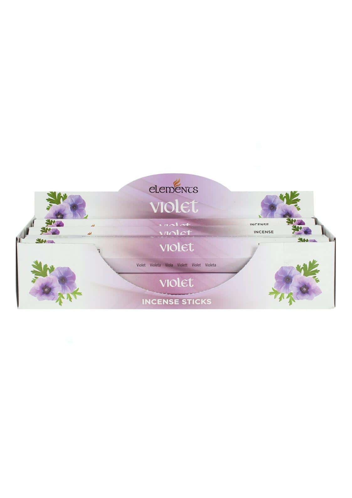 Violet elements räucherstäbchen mit lila floralem design in weißer displaybox für aromatherapie