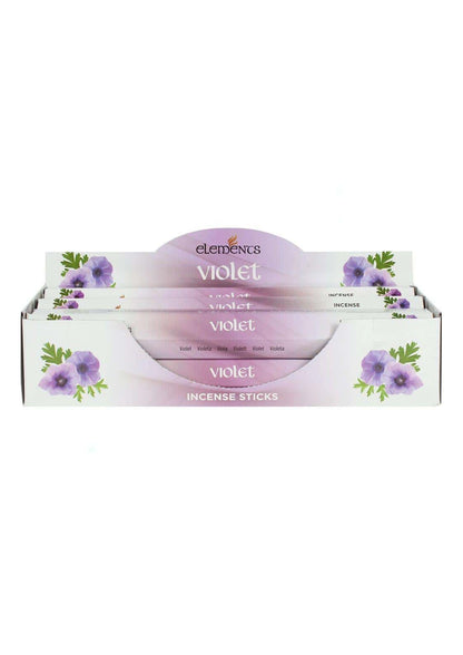 Violet elements räucherstäbchen mit lila floralem design in weißer displaybox für aromatherapie