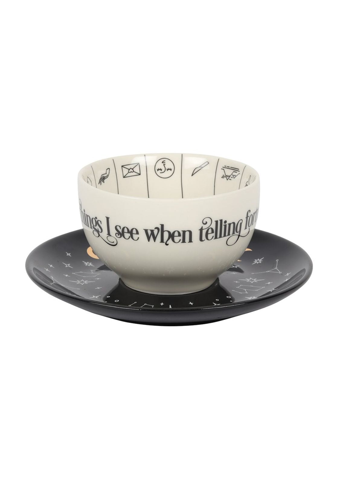 Wahrsagende Teetasse und Untertasse.