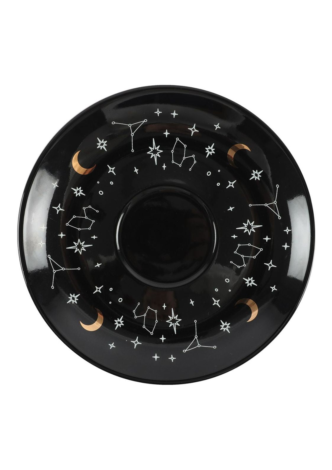 Schwarze Untertasse mit himmlischen Motiven.