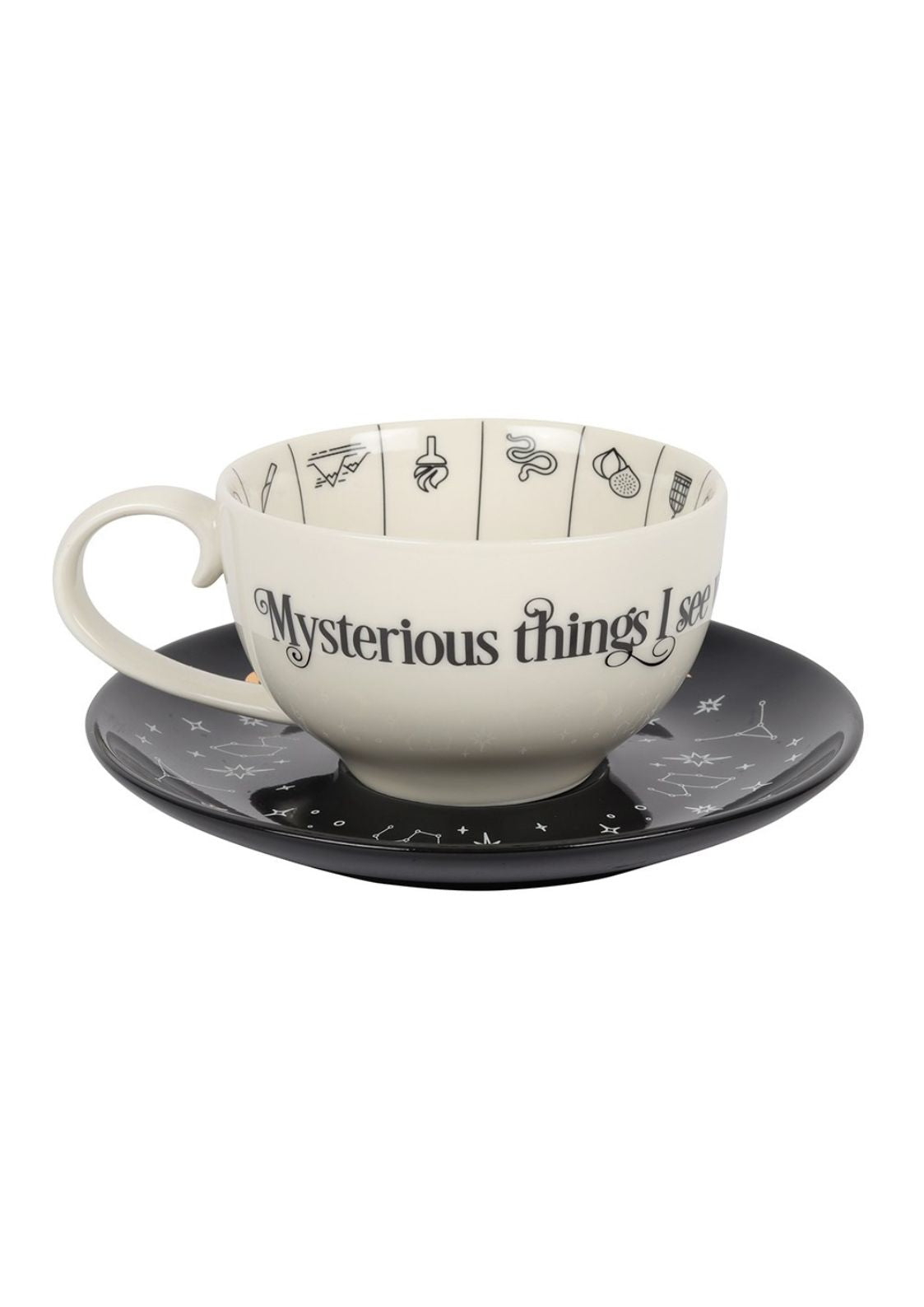 Teetasse und Untertasse mit himmlischen und mystischen Motiven.