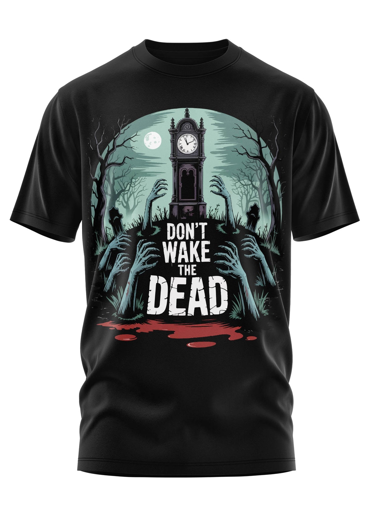 Ein schwarzes T-Shirt mit einer Horror-Grafik von Zombies, einer alten Uhr und der Aufschrift ’DON’T WAKE THE DEAD’.