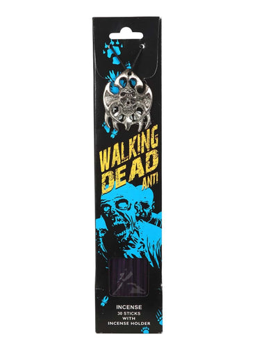 Silberner schädelanhänger mit krallen und blauen pfoten im black walking dead set mit räucherstäbchenhalter