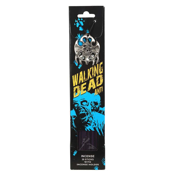 Walking dead anti incense sticks in black package with blue zombie design and silver skull pendant holder