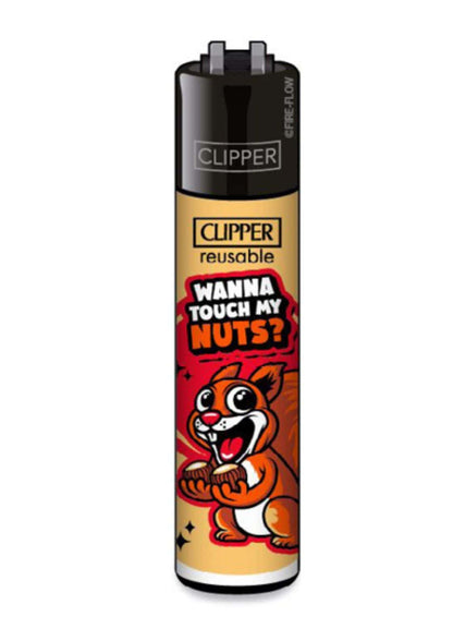 Schwarzes und braunes clipper lighter mit cartoon eichhörnchen und text wanna touch my nuts, nachfüllbar und mit austauschbarem feuerstein