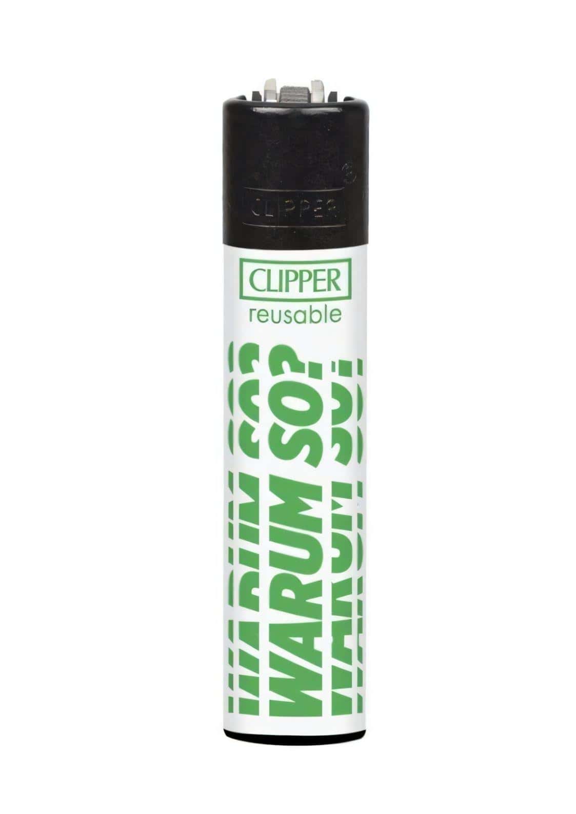 Grünes und weißes wiederbefüllbares clipper feuerzeug mit bold repeating text design für gothic und dark fashion fans